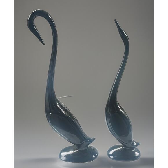 2 VTG MCM Black Ceramic Glass Figures Crane Egret Swan Arnels Style Birds Heron - Picture 2 of 7
